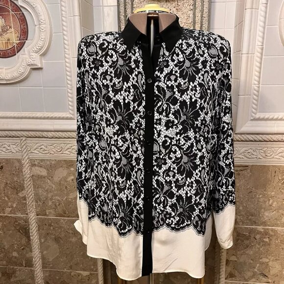 Go Silk. Sz 1X. $268. Border Lace Print. Black cream. Silk. Long Sleeve. LO - Picture 2 of 7